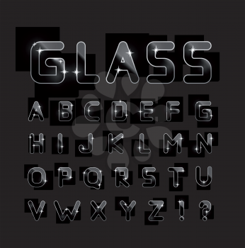 Vector glass font on a black background. Can be used for window dressing, goods made of glass, posters, booklets, print production and Web design