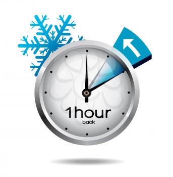 Clock switch to winter time. Vector illustration with snowflake icon on white background