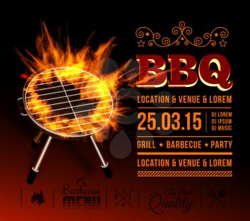 Barbecue grill party. vector illustration with fire on dark background