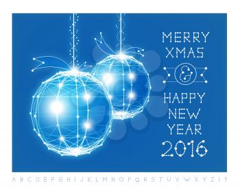 Christmas balls of connected lines and points, as the low-poly sphere. The font style in the same applied in the form of letters at the bottom of Illustrations. Vector greeting card with Christmas and