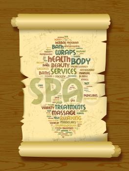 Spa word cloud vector illustration on a scroll of paper