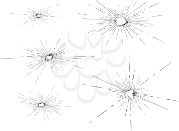 Traces of bullets shattered the glass. Vector illustration on white background