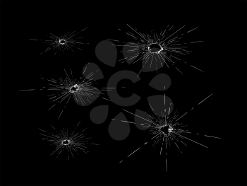 Traces of bullets shattered the glass. Vector illustration on black background