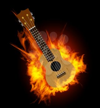 Ukulele - Hawaiian musical instrument. Vector illustration on fire background