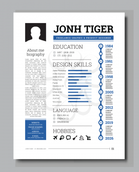 Cv resume template vector illustration with a timeline of work, training, description of skills, hobbies and other information