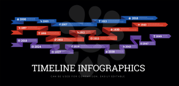 Timeline element vector infographic on black background. Can be used to compare activities or biographies
