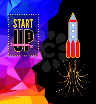 Launch of a space rocket in the drawing style. Vector illustration on triangle background