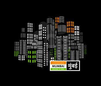 Mumbai is a city of skyscrapers, one of the financial centers of India. Vector illustration with city silhouette on black background