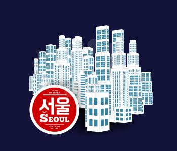 Seoul is a city of skyscrapers, one of the financial centers of South Korea. Vector illustration with city silhouette on dark blue background