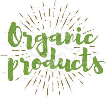 Organic products lettering with sunbursts background. Vector illustration