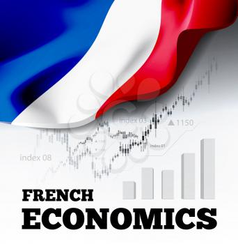 French economics vector illustration with france flag and business chart, bar chart stock numbers bull market, uptrend line graph symbolizes the welfare growth