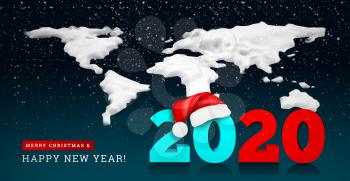 Happy New Year 2020 on the background of a snowy ice world map. Numbers 2020 under the hat of Santa Claus. Vector illustration