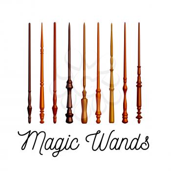 Set of wooden magic wands on white background. Vector illustration