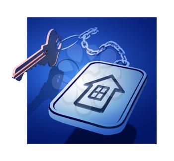 Keys with a keychain on a chain with a house icon. The concept of working with real estate, or the development of new housing. Vector 3d illustration