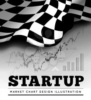 Startup concept with checkered start flag and trading graph on background. Vector illustration