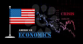 American economy vector illustration with USA flag and business graph, stock market bar graph bull market, downtrend graph symbolizes crisis in economics