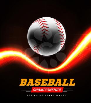 Baseball in the backlight on a black background with a flight path in the form of a light beam. Vector illustration