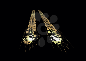Golden Tire tracks. Vector illustration on dark background