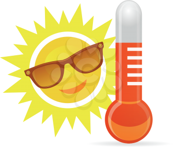 Cheerful, smiling cartoon sun in sunglasses next to the temperature thermometer. Vector illustration
