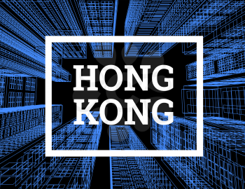 Hong Kong is a city of skyscrapers. Vector illustration in the drawing style on a black background. View of the skyscrapers below