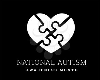 National Autism Awareness Month. Vector illustration with jigsaw puzzle heart on black