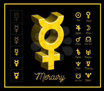 Mercury planet sign with other astrological symbols of the planets on black background. Vector illustration