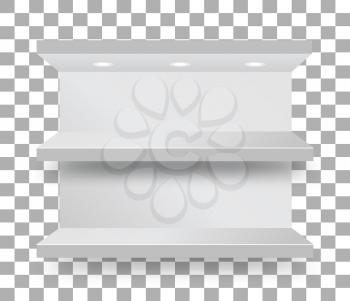 Empty bunk shelf in a supermarket on transparent checkered background. Vector illustration