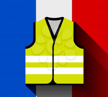 Yellow vests, as a symbol of protests in France against rising fuel prices. Yellow jacket revolution. Vector illustration against the flag of France with long shadow