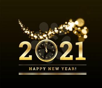 Happy New Year 2021 with gold particles and a clock in the number zero. Vector golden illustration on a dark background.