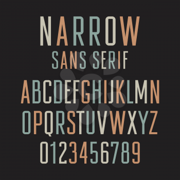 Narrow sans serif font. Handmade condensed letters and numbers