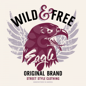 Lettering Wild and Free and American eagle head. This illustration can be used as a print on T-shirts and other clothes