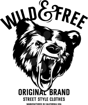 Wild and Free vintage typography with a  head of a grizzly Bear, t-shirt print graphics