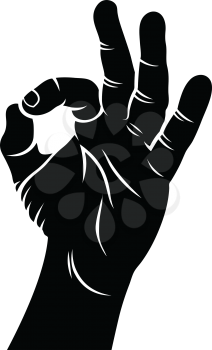 Ok hand sign. Hand-drawn sketch. Vector illustration. A hand showing symbol Okay