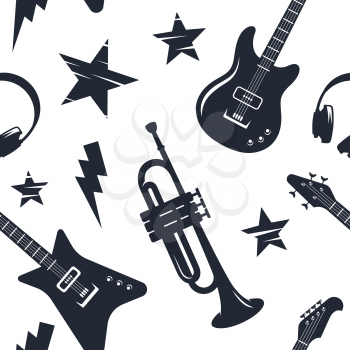 Music instruments seamless pattern. Disco music abstract background
