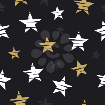 Stars seamless pattern. Trendy abstract endless background with gold and white glittering stars. Vector