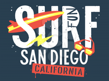 Surf San Diego California artwork for T-shirt Design. Summer Tee graphics. Hand drawn vector illustration on the theme of surfing and summer vacation