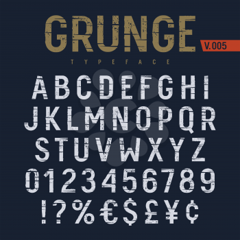 Grunge textured font. Rough alphabet with cracks and scratches. Latin alphabet letters and numbers. Vectors