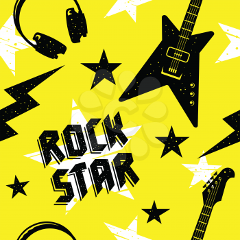 Rock music seamless pattern. Endless vector background with rock music attributes and simbols