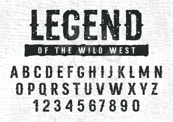 Rough stamp typeface in Wild West style. Grunge textured font. Vector handmade alphabet. Uppercase letters and numbers. Vectors. Grunge texture as a bonus