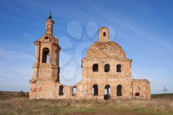 Old destroyed and abandoned church against the blue sky