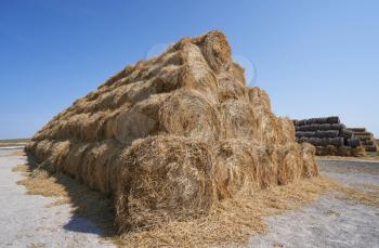Big haystack from round bales laid in the form of a pyramid
