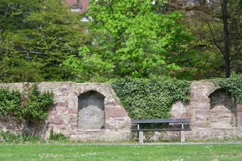A wall made of stone blocks with a climbing plant on the territory of an old castle. Antique wall and bench