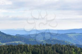Landscape with hills and blue air, the atmosphere in the European forest of Schwarzwald,, Germany. Clean Air Ecology Concept