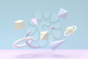 Floating geometries, creative background, 3d rendering. Computer digital drawing.