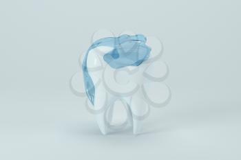 White tooth with blue liquid on it, 3d rendering. Computer digital drawing.