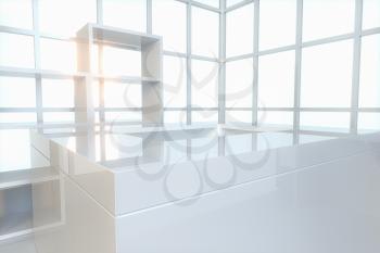 Glass squares and empty room with white background,3d rendering. Computer digital drawing.