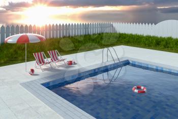 A swimming pool on a sunny day, 3d rendering. Computer digital drawing.