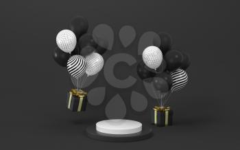 Balloons and presents with background, 3d rendering. Co,puter digital drawing.