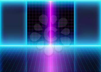 Abstract Futuristic Interior, Room with Neon 3D Glow Lights and Grid Lines, Background with Energy Lines, Conceptual Tomorrow Aesthetic Cyberspace Style, Eps10 Vector Illustration - Vector