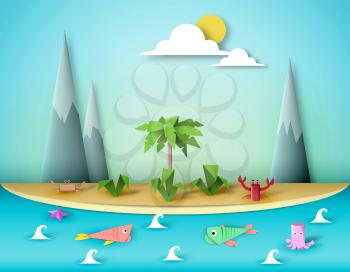 Amazing Art Scene with Paper Origami Figures, Colorful Unusual 3D Cut Baby Toys, Unique Summer  Template for Banner, Card, Poster, Vector Illustration Art Design